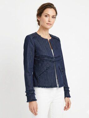 ELIZABETH AND JAMES DARK WASH DENIM FRINGE COLLARLESS JACKET - XS